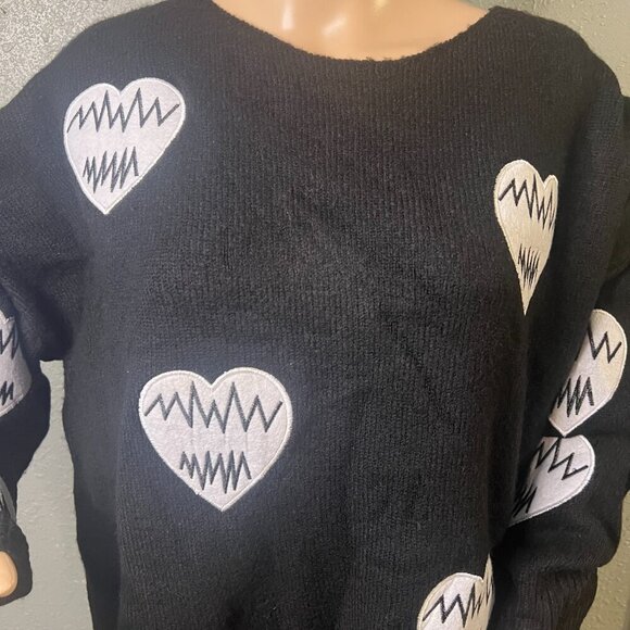 Easel Black Sweater with White Heart Applicates Long Sleeve Lg - Picture 3 of 4